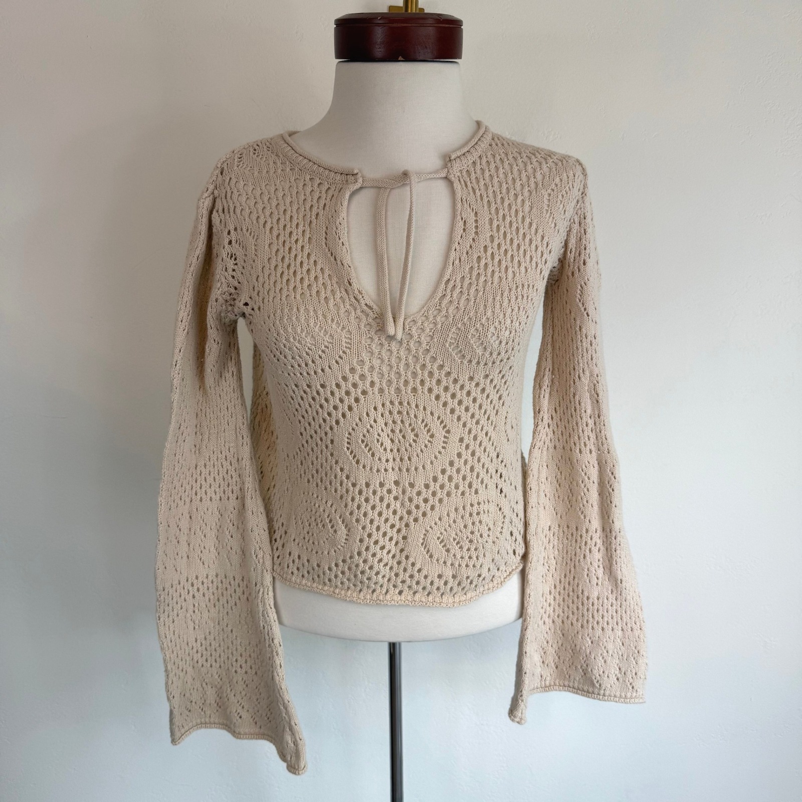 Edikted Crochet Knit Bell Sleeve Tie Front Top Beige Boho Fairy Festival Medium